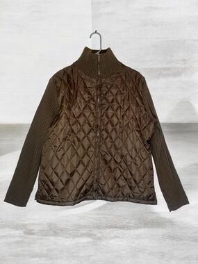 Women's Quilted Brown Puffer Jacket with Knit Sleeves Size 1X